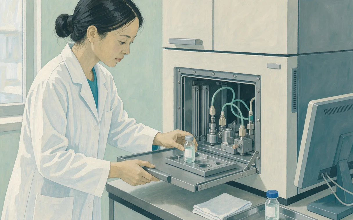 A technician opens the sample compartment of a laboratory analytical instrument