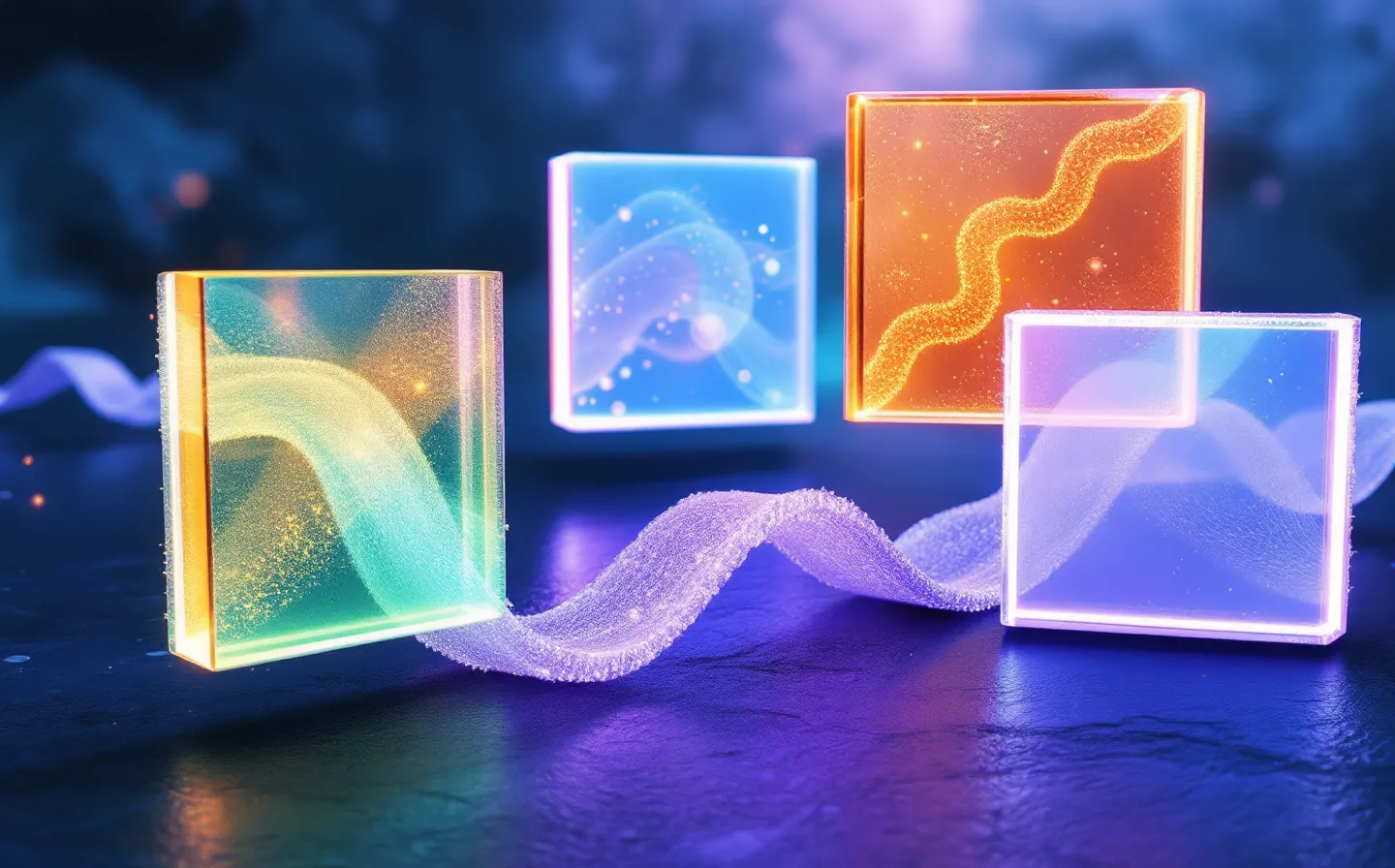 Four translucent frosted-glass panels floating over a deep cool slate-blue field, each tinted a cool ice-channel for one of the four KLOW peptides
