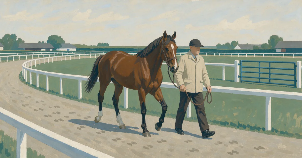 A chestnut horse and an adult handler beside the rail of a quiet training paddock