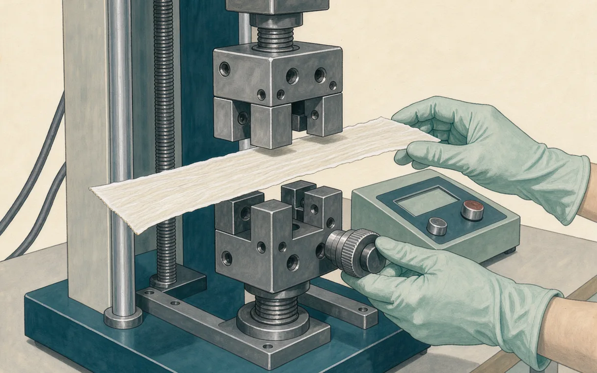 Gloved hands beside a mechanical tester holding a narrow pale tissue strip